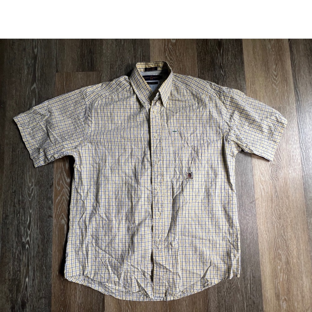 Tommy Hilfiger Golf Shirt Mens Medium Yellow Blue Plaid Cotton Short Sleeve